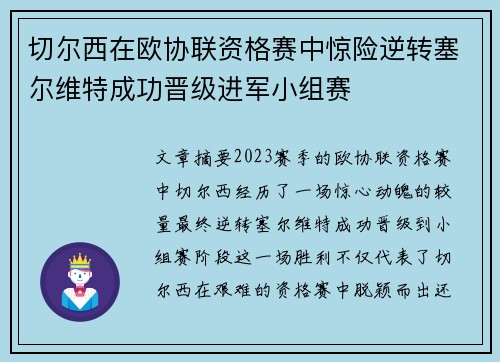 切尔西在欧协联资格赛中惊险逆转塞尔维特成功晋级进军小组赛